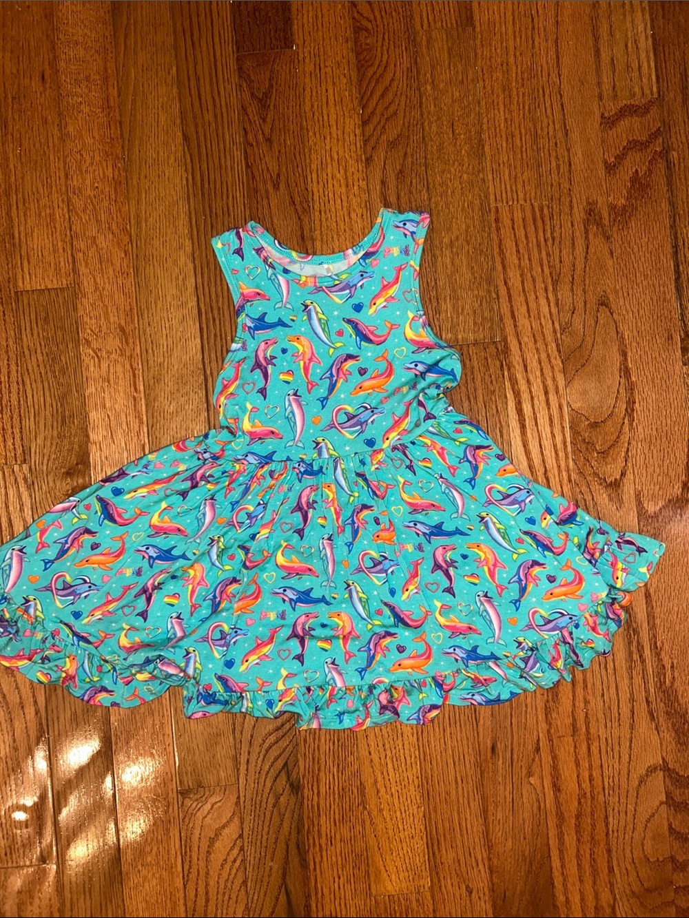 Posh Peanut Girls' Lisa Frank Turquoise Dancing Dolphin Print Twirl Dress-3/4T